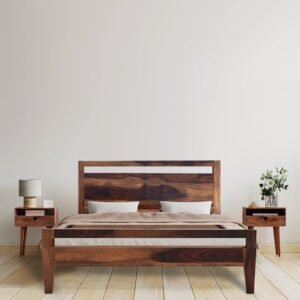 Lima Handmade Teak Wood King Size Plain Bed with 2 Bedside Tables Rustic Bedroom Furniture Set for Hotel Quality Luxury