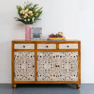 Craftology Hand-Carved Teak Wood Shoe Rack Cabinet with 3 Doors and 2 Drawers Stylish Rustic Storage Solution for Home Entryway