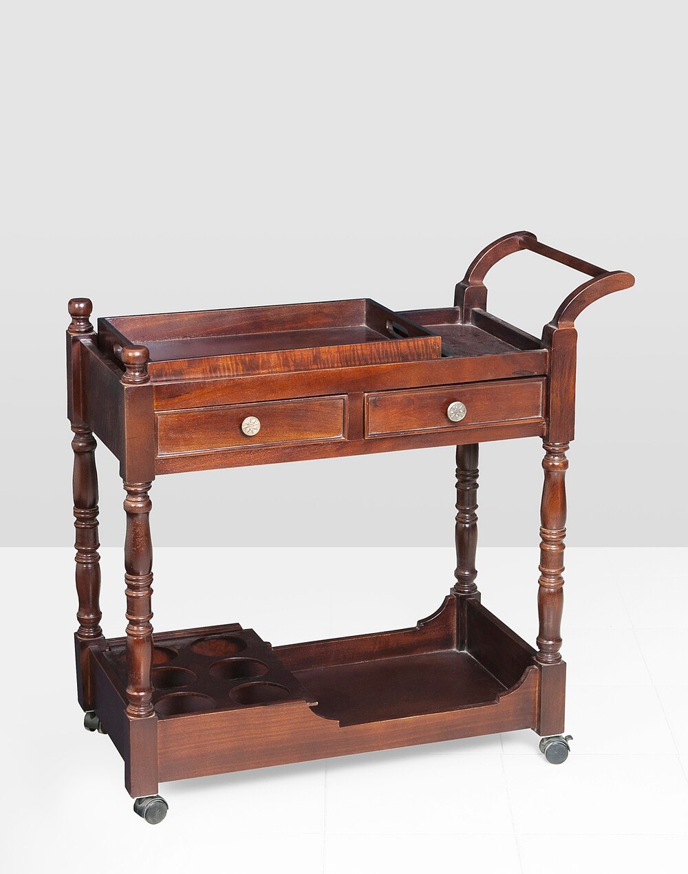 Alivio Handmade Teak Wood Bar Serving Trolley with Wheels Two Drawers 2 Tier ( Brown ) - Image 5