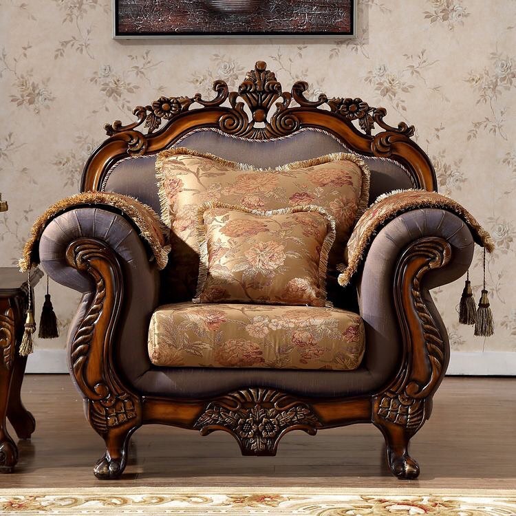 Meridian Seville Royal Look Hand Carved Teak Wood Single Seater Sofa Luxury Living Room Accent Chair