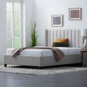 Vertical Teak Wood Upholstered Wingback King Size Bed Elegant Design for Master Bedroom