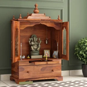 Rituals Handmade Teak Wood Pooja Temple with Single Drawer for Daily Prayers (Brown)