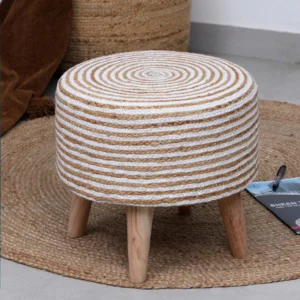 Beautiful Solid Wood Jute Fabric Puffy Stool for Living Room (White)