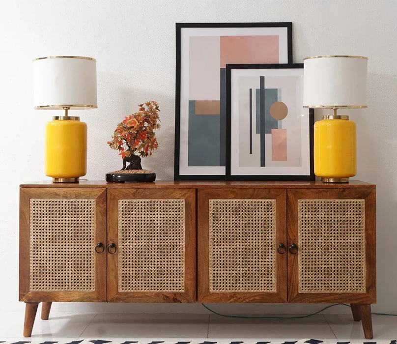 Cane Rattan Mango Wood Cabinet and Sideboard with 4 Doors - Image 3