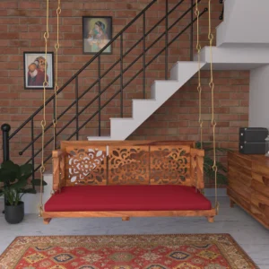 Vintage Carved Back Designed Red Upholstery Handmade Teak Wood Swing Patio Hammock Jhula Traditional Style