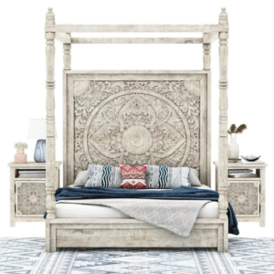 Canopy Royal Hand Carved Teak Wood Poster Bed with 2 Elegant Bedside Tables ( Antique White Finish )