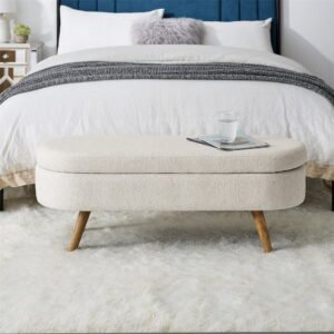 Hinge Entryway Oval Shape Polyester Fabric Teak Wood Bench