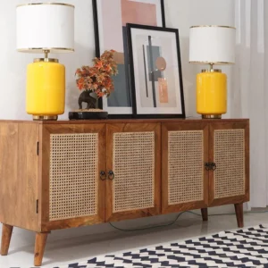 Cane Rattan Mango Wood Cabinet and Sideboard with 4 Doors