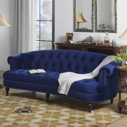 Chesterfield Graceful Velvet 3-Seater Rolled Arm Sofa Walnut Legs ( Blue )