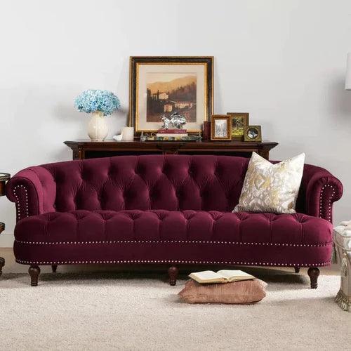 Chesterfield Graceful Velvet 3-Seater Rolled Arm Sofa Walnut Legs ( Maroon )