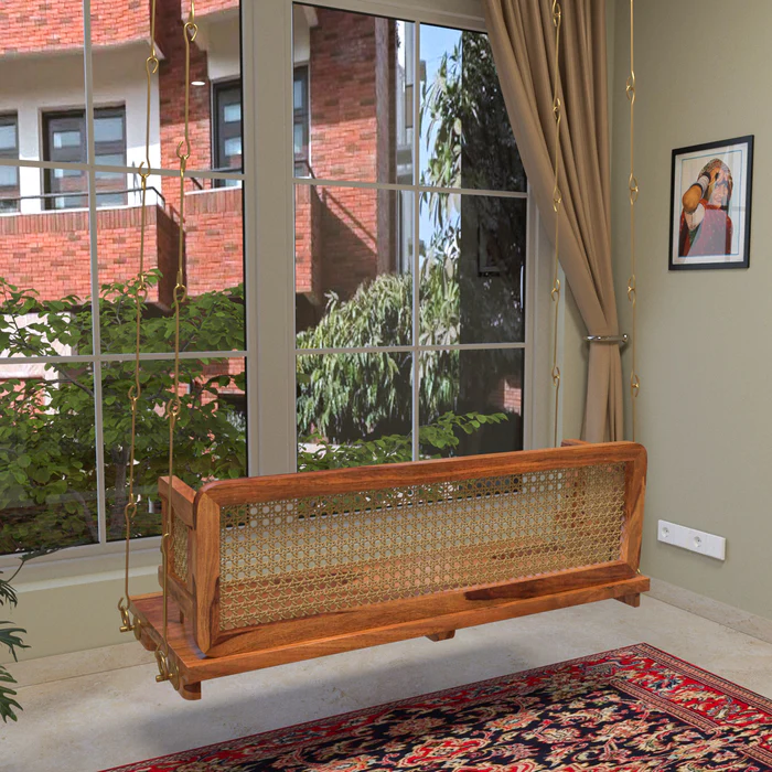 Classic Reversible Cane Back Handmade Teak Wood Swing Patio Hammock Jhula Traditional Style - Image 3