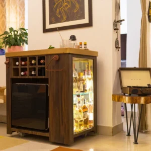 Storing Handmade Teak Wood Bar Cabinet Stylish Look for Wine, Liquor, Glasses ( Vinyl Finish & Matt Gold Finish )