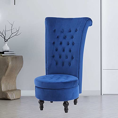 Retro Armless Luxurious High Back Button Tufted Teak Wood Velvet Fabric Throne Chair ( Blue )