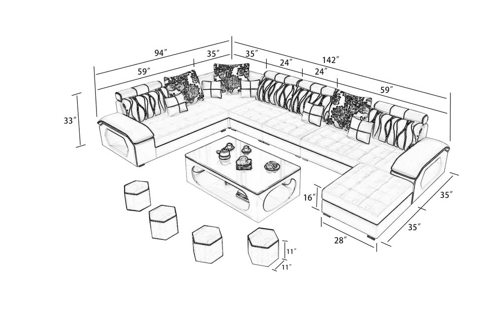 Carlo Handmade Teak Wood 9 Seater L-Shaped Sectional Sofa with Ottoman for Living Room
