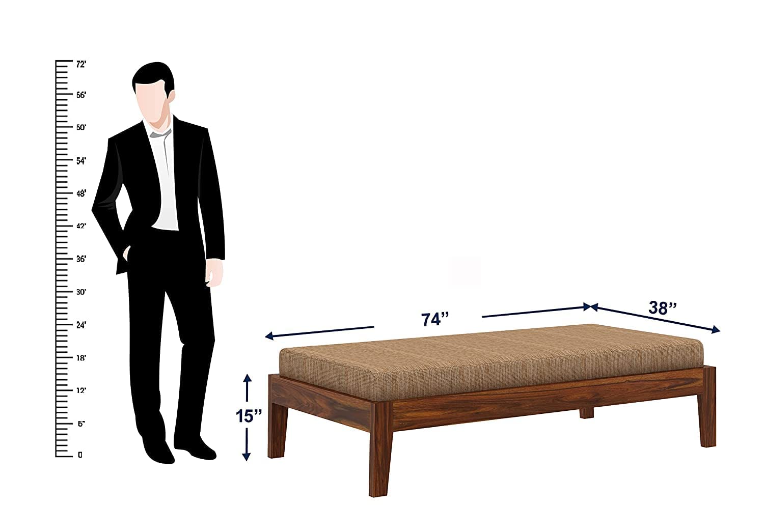 Natural Art & Crafts Twang Handmade Rectangular Teak Wood 3 Seater Diwan Bed for Living Room & Bedroom - Image 3