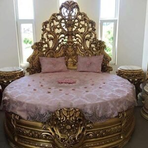 Dice Hand Carved Teak Wood Round King Size Bed Luxurious Royal Design, for Master Bedroom ( Golden Finish )