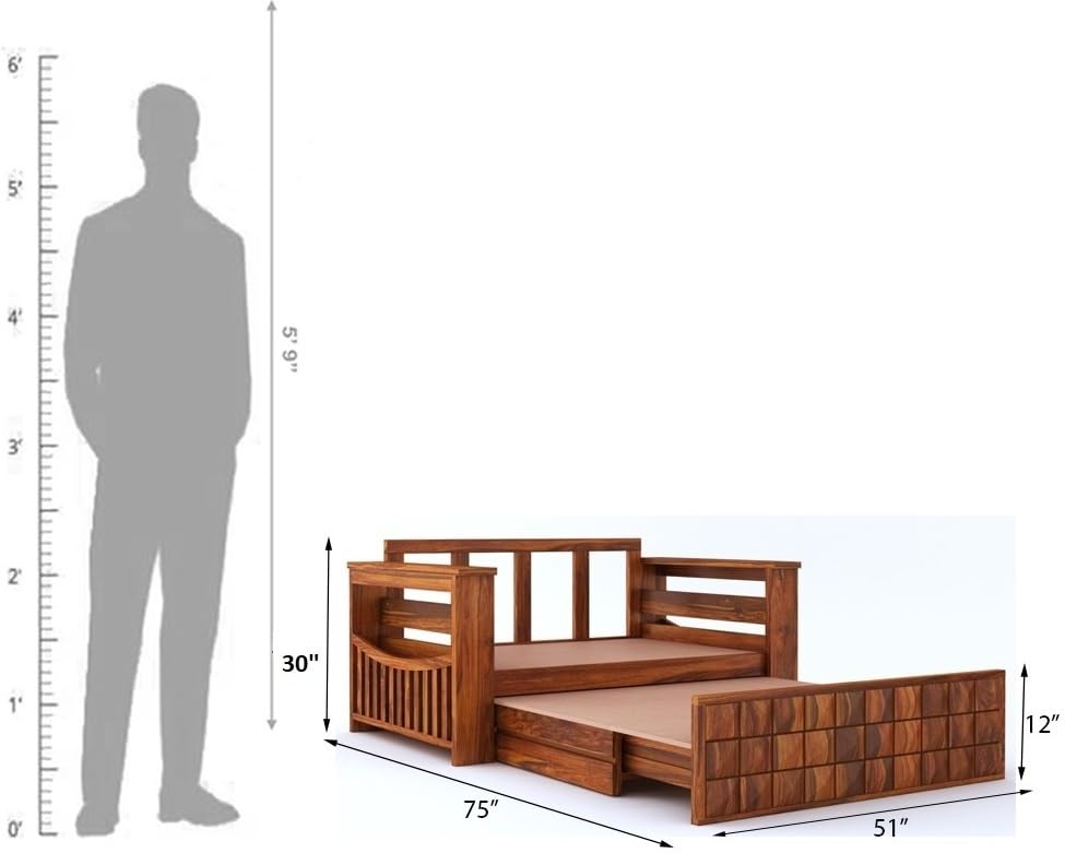 Slope Handmade Teak Wood 2 Seater Sofa Cum Bed Rustic Convertible Wooden Sofa Bed for Living Room ( Honey Finish ) - Image 5