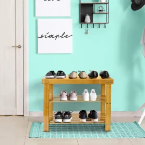 Natural Art & Crafts Cirro Bamboo Wood Shoe Rack with 2-Tier Shelves Space-Saving Entryway & Hallway Shoe Organizer (Natural)