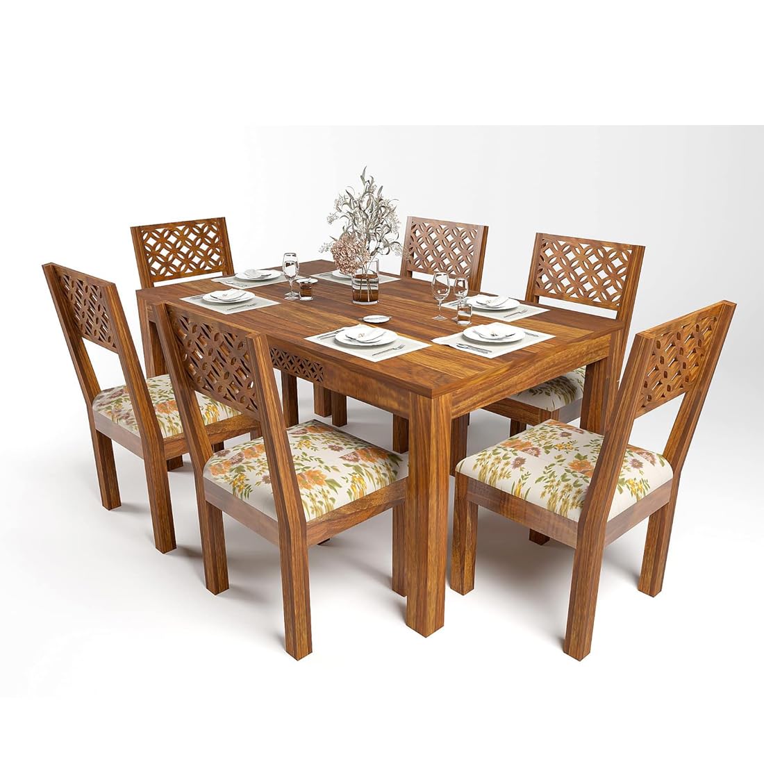 Designer Handmade Teak Wood 6 Seater Rectangular Dining Table Set with Cushions Honey Finish Modern Rustic Dining Room - Image 4