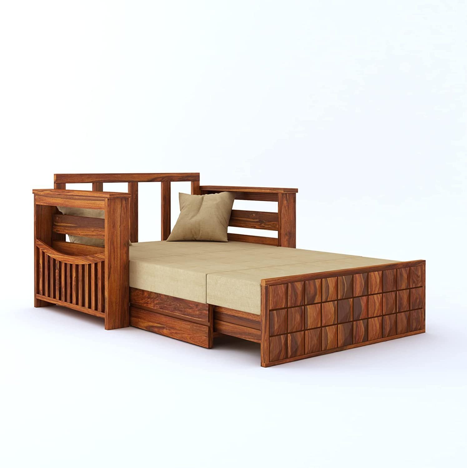 Slope Handmade Teak Wood 2 Seater Sofa Cum Bed Rustic Convertible Wooden Sofa Bed for Living Room ( Honey Finish ) - Image 4