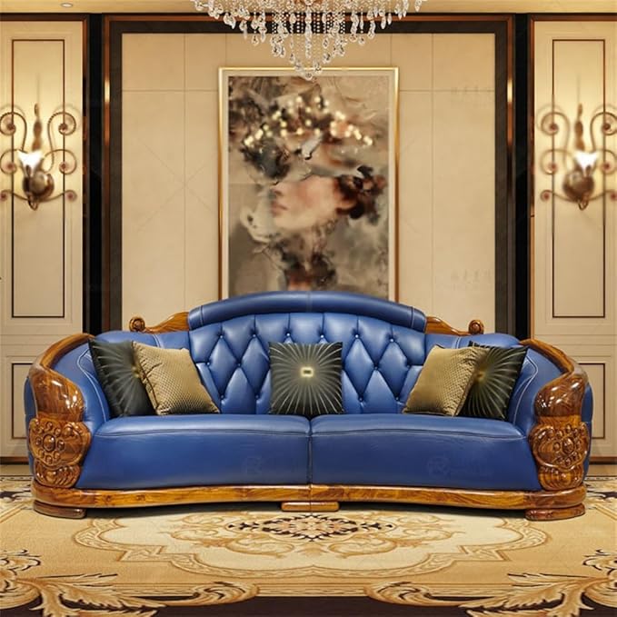 European Style Hand Carved Teak Wood Leatherette 3 Seater Chaise Lounge Sofa With Cushions