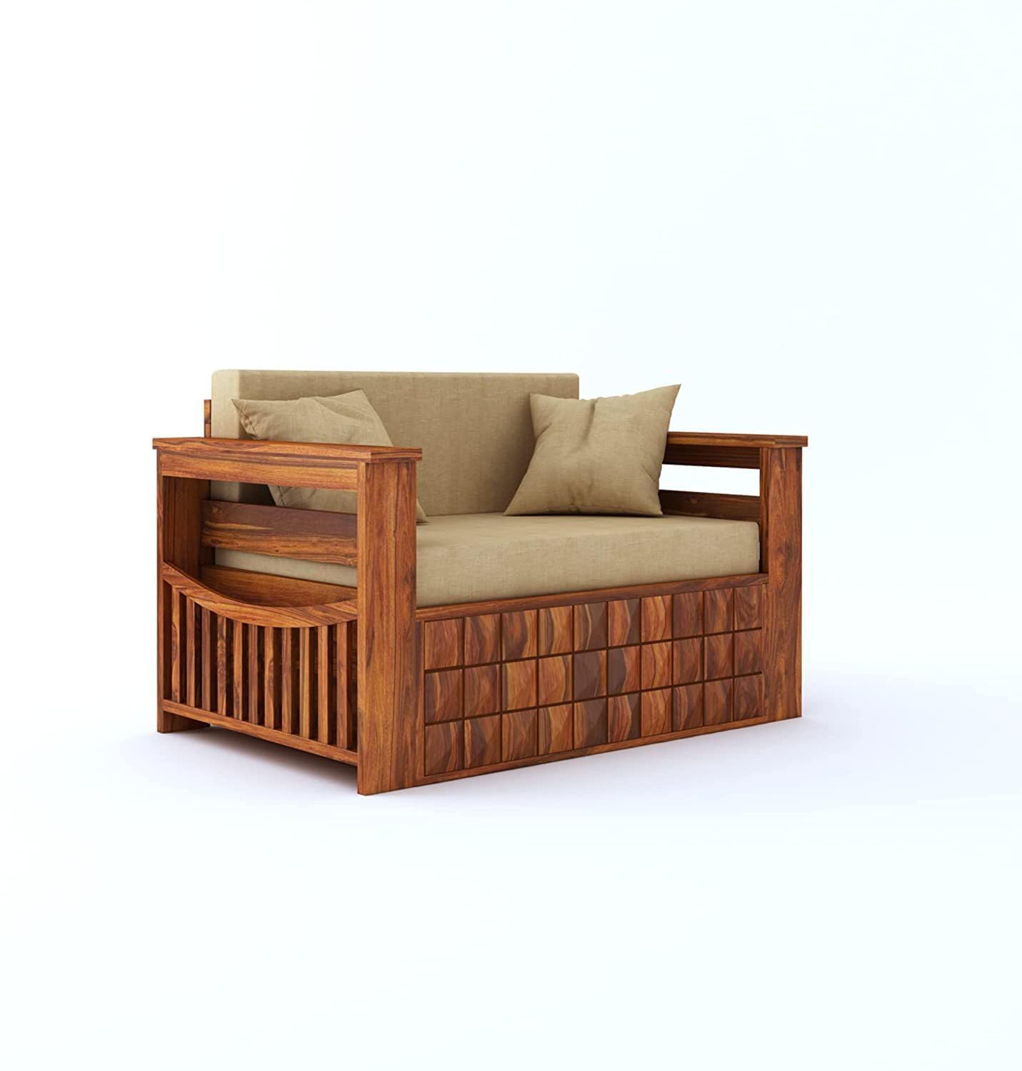 Slope Handmade Teak Wood 2 Seater Sofa Cum Bed Rustic Convertible Wooden Sofa Bed for Living Room ( Honey Finish ) - Image 3