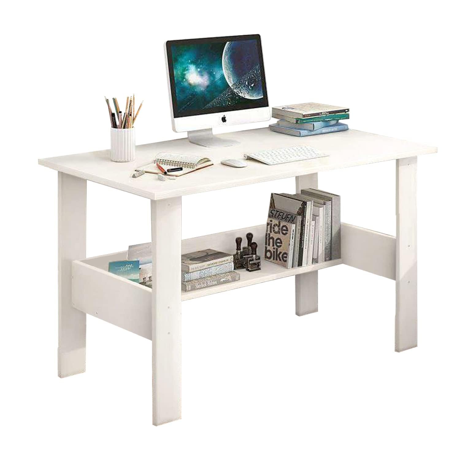 Natural Art & Crafts Modern Handmade Scholar Study & Office Desk with 1 Tier Shelf ( White ) - Image 3