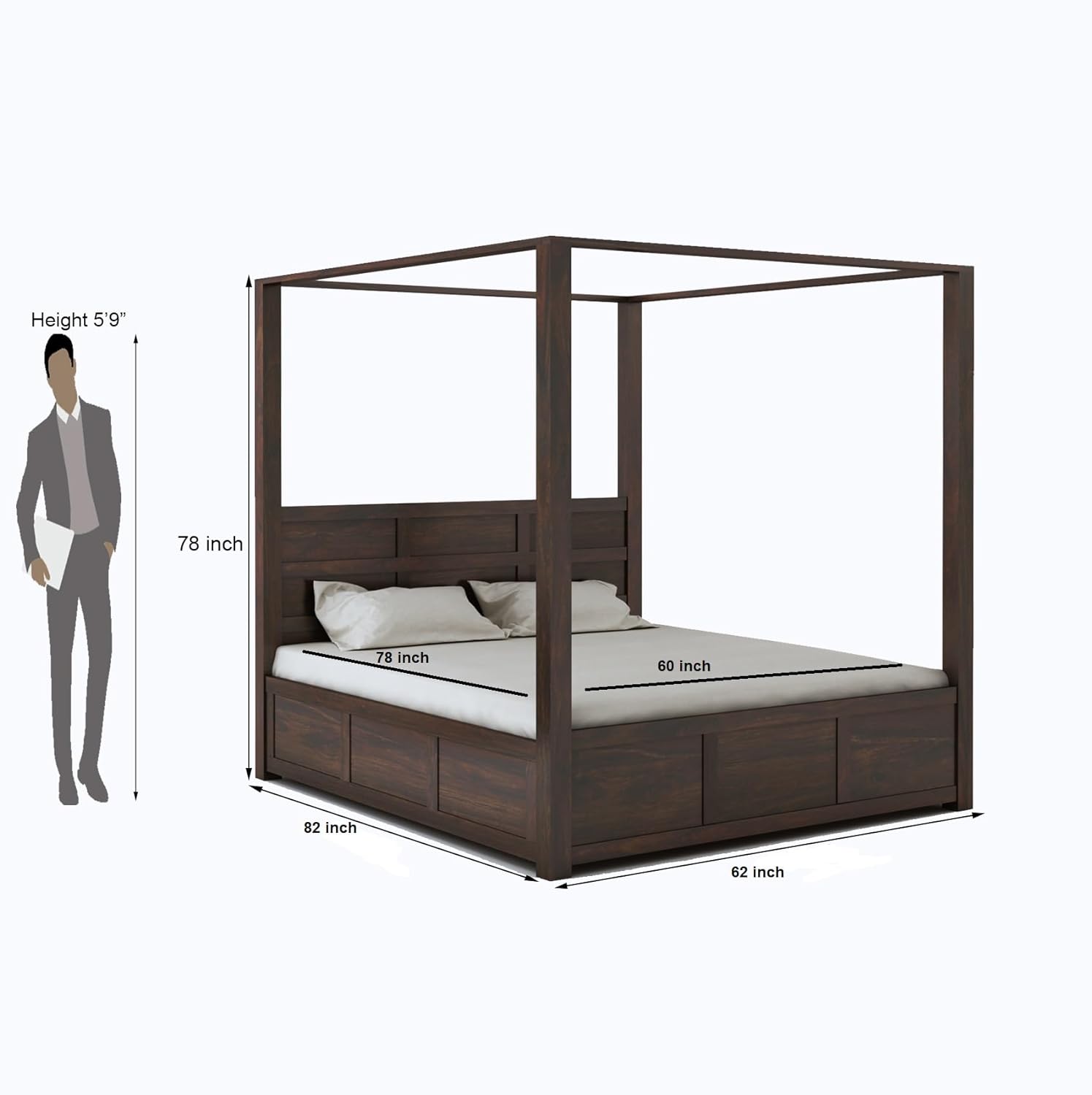 Flyer Royal Handmade Teak Wood Poster Bed with Matching 2 Bedside Table ( Walnut Finish ) - Image 3