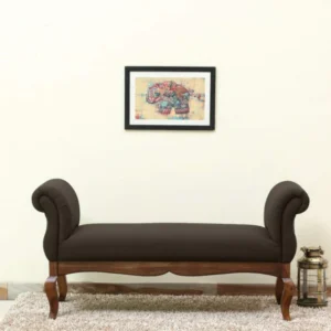 Montérno Luxury 2 Seater Bench, Polyester Upholstered Teak Wood Couch, Elegant Modern Living Room