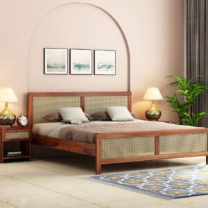 Cane Design Handmade Teak Wood King Size Plain Bed for Bedroom, Hotel