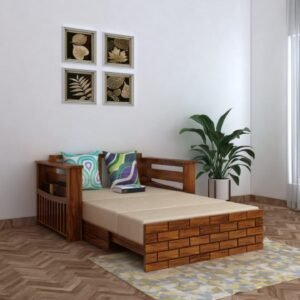 Fence Design Handmade Teak Wood 2 Seater Sofa Cum Bed Rustic Convertible Wooden Sofa Bed for Living Room ( Honey Finish )