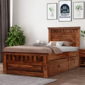 Natural Art & Craft Siramika Handmade Teak Wood Hostel Trundle Bed Space-Saving Single Bed with Two Storage Drawers