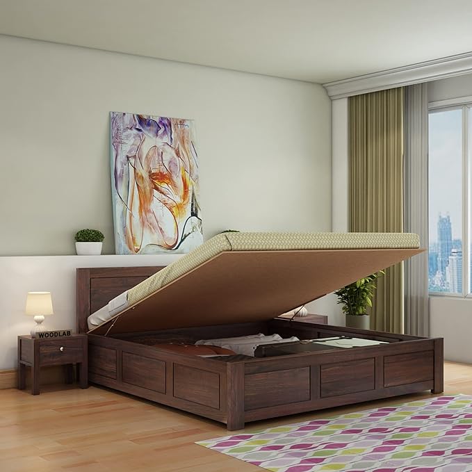 Comic Premium Teak Wood Hydraulic Storage King Size Bed Modern Space Saving Design with Elegant Finish