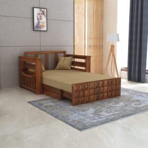 Slope Handmade Teak Wood 2 Seater Sofa Cum Bed Rustic Convertible Wooden Sofa Bed for Living Room ( Honey Finish )