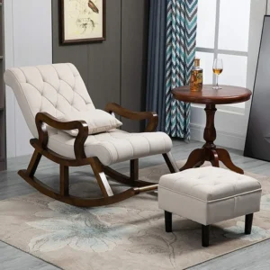 Natural Art & Crafts Modish Teak Wood Recliner Rocking Chair Premium Soft Comfortable Cushion with Ottoman