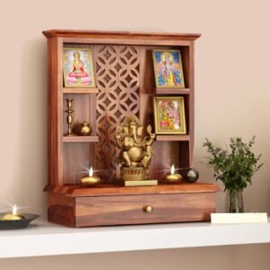 Ideal Forge Traditional Handmade Wooden Pooja Temple with 1 Drawer for Daily Prayers