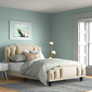 Luxurious Velvet Upholstered King Size Bed Premium Teak Wood Frame with Matching 2 Bedside Tables