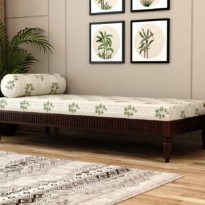 Emphasis Designer Handmade Rectangular Teak Wood Diwan Bed for Living Room Bedroom Walnut Finish
