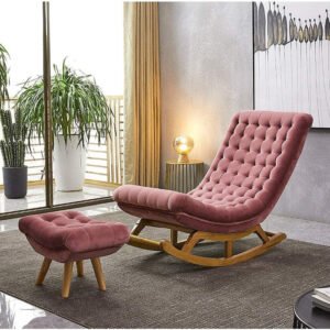 Natural Art & Crafts Recliner Lounger Wooden Rocking Chair in Premium Soft Comfortable Cushion (Pink)