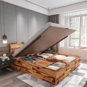 Andromeda Premium Teak Wood Hydraulic Storage King Size Bed Modern Space Saving Design with Elegant Finish