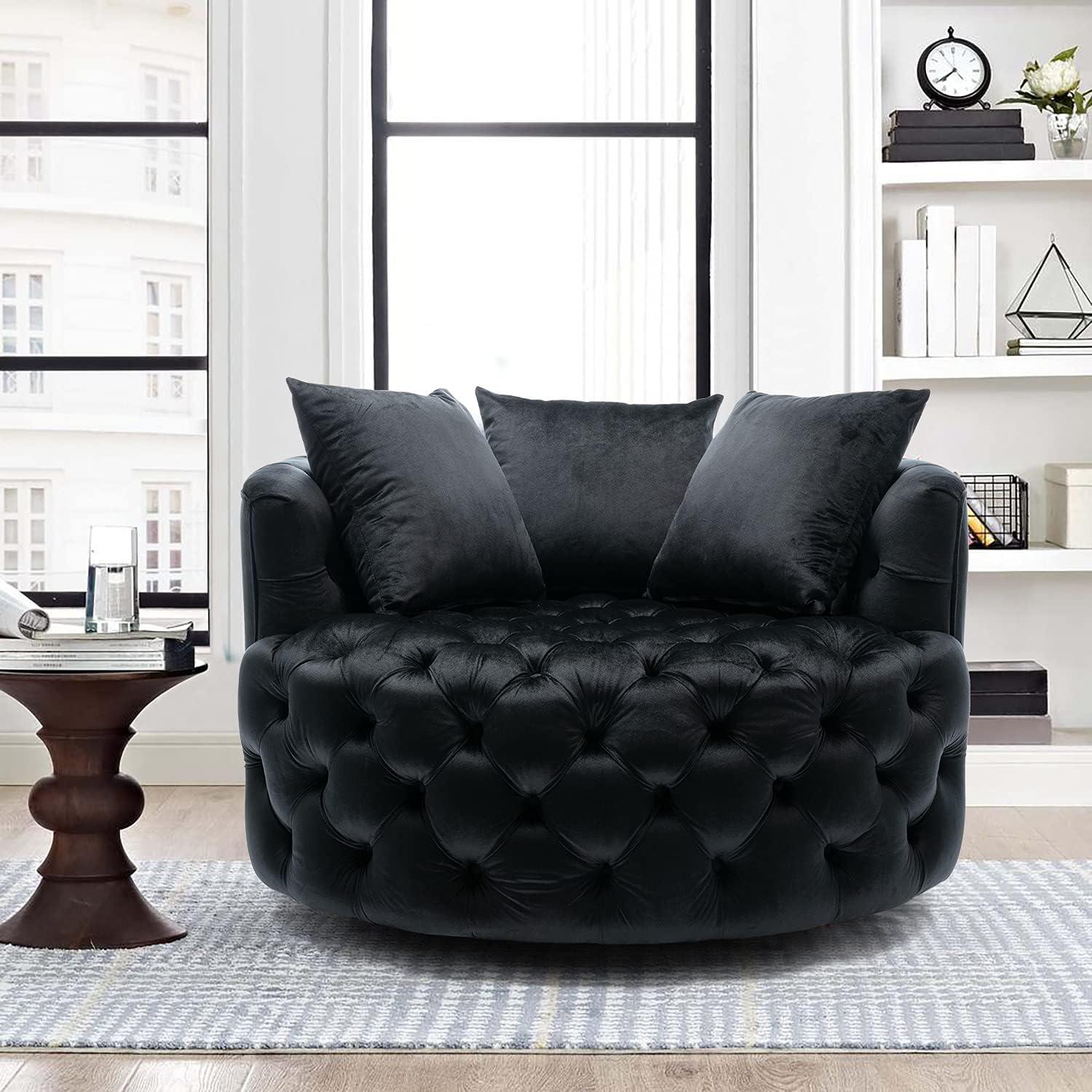 Barrel Button Tufted Design Modern Round Sofa For Living Room with 3 Pillows ( Black )