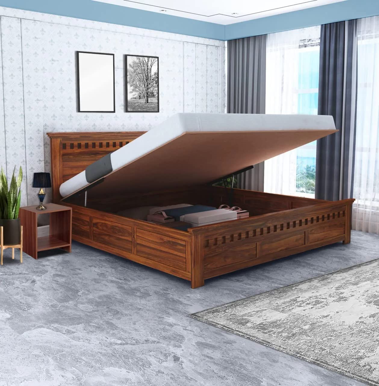 Armenia Premium Teak Wood Hydraulic Storage King Size Bed Modern Space Saving Design with Elegant Finish with