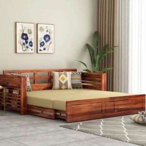 Expandable Flap Magazine Rack Handmade Teak Wood 3-Seater Sofa Cum Bed Comfortable Convertible Seating for Living Room
