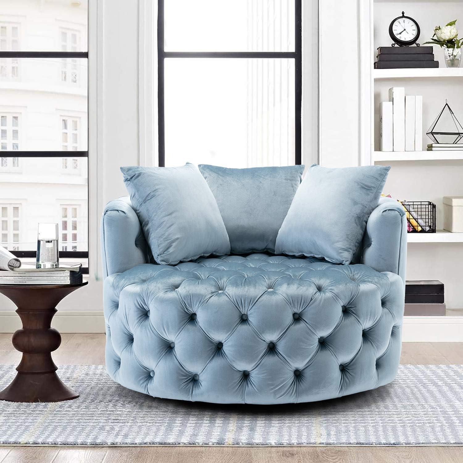 Barrel Button Tufted Design Modern Round Sofa For Living Room with 3 Pillows ( Baby Blue )