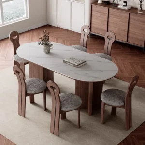 Amarie Double Pedestal Modern Teak Wood Rectangular 6 Seater Dining Table Set Space-Saving Design for Dining Room and Kitchen