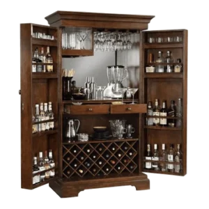 Grand Storing Handmade Teak Wood Bar Cabinet Stylish Look for Wine, Liquor, Glasses (Walnut Finish)