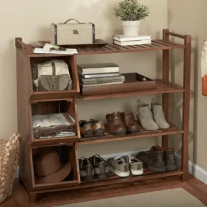 Natural Art & Crafts Nuez Sheesham Wood Shoe Rack with 4-Tier Shelves Space-Saving Entryway & Hallway Storage Organizer