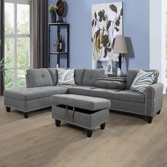 Evedy L-Shape Handmade Teak Wood 5 Seater Sectional Sofa Set with 2 Cup Holders & Ottoman Luxury Living Room