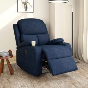 Manual Recliner Chair with Cup Holder, Soft Fabric Recliner, Comfortable Living Room Seating (Blue)
