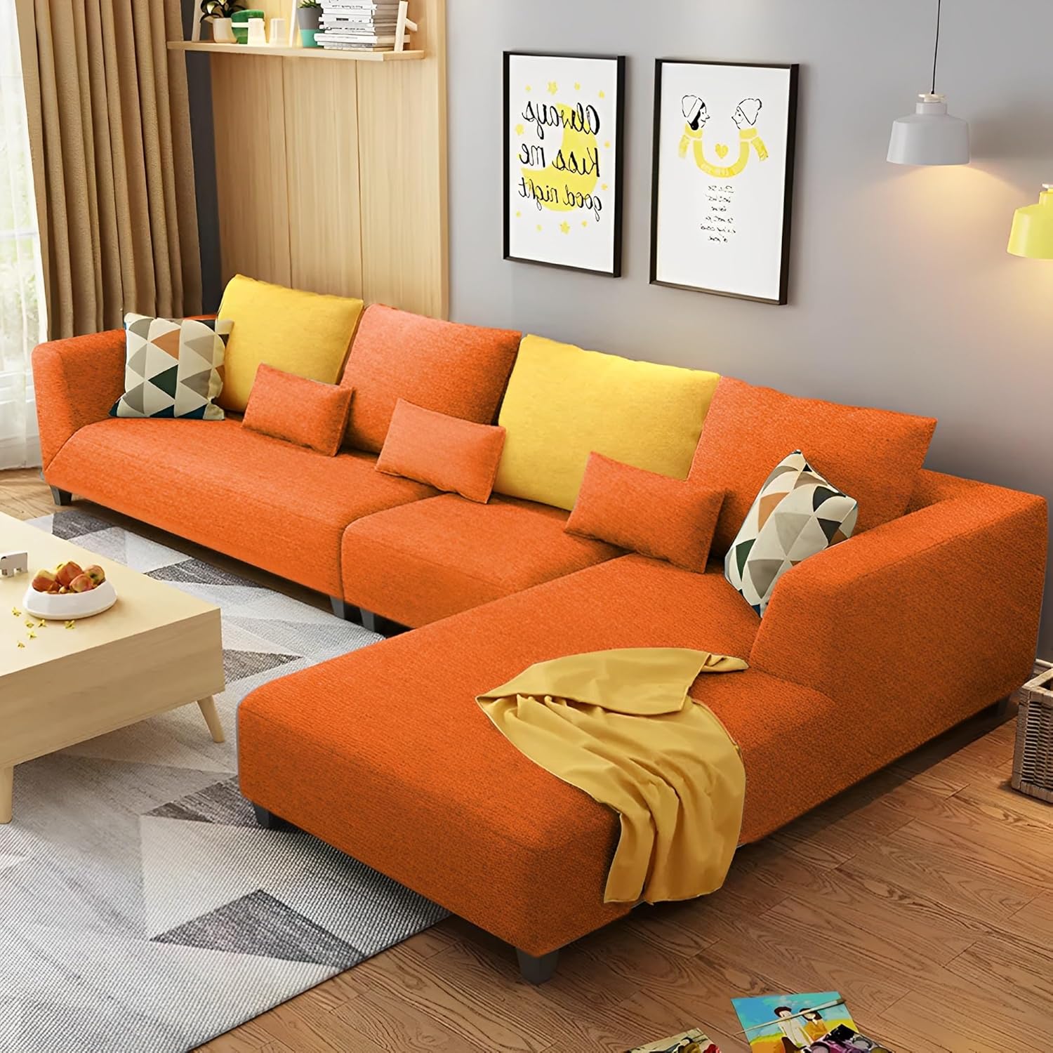 Natural Art & Craft Minta  Handmade Teak Wood 9 Seater L-Shaped Sectional Sofa for Living Room ( Orange )